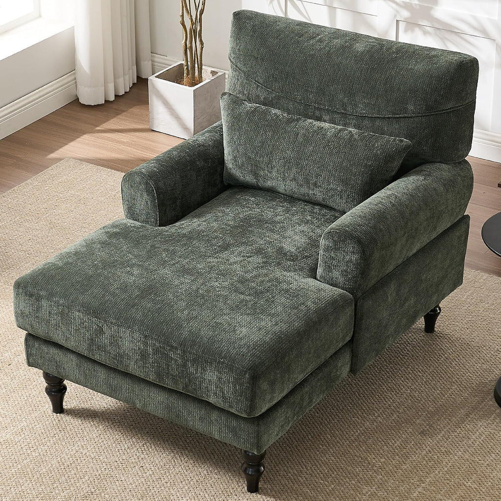 KEIKI Chaise Lounge Chair Indoor, Modern Leisure Sleeper Sofa Chair w/Double Deep Cushion, Accent Upholstered Reading Side Armchair, Recliner Arm Chairs for Living Room & Bedroom, Easy Assembly, Green