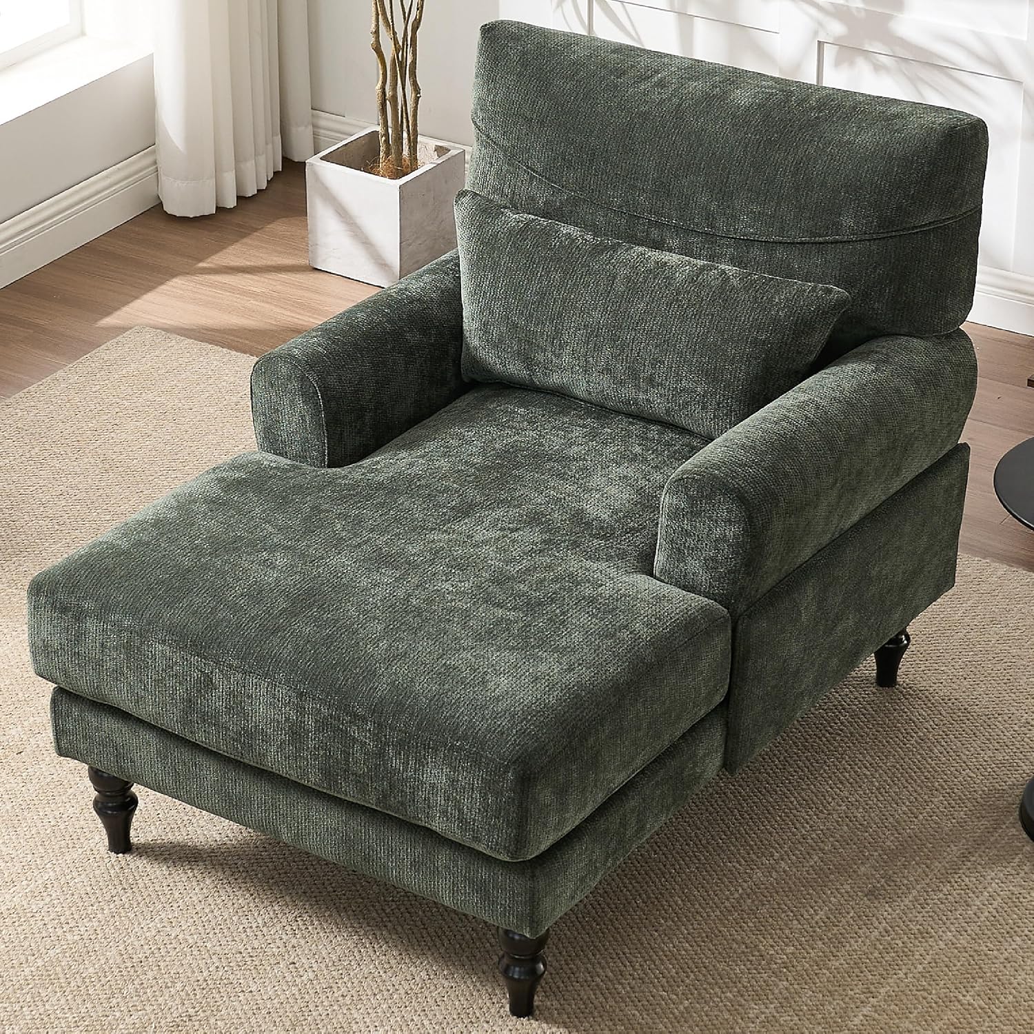 KEIKI Chaise Lounge Chair Indoor, Modern Leisure Sleeper Sofa Chair w/Double Deep Cushion, Accent Upholstered Reading Side Armchair, Recliner Arm Chairs for Living Room & Bedroom, Easy Assembly, Green
