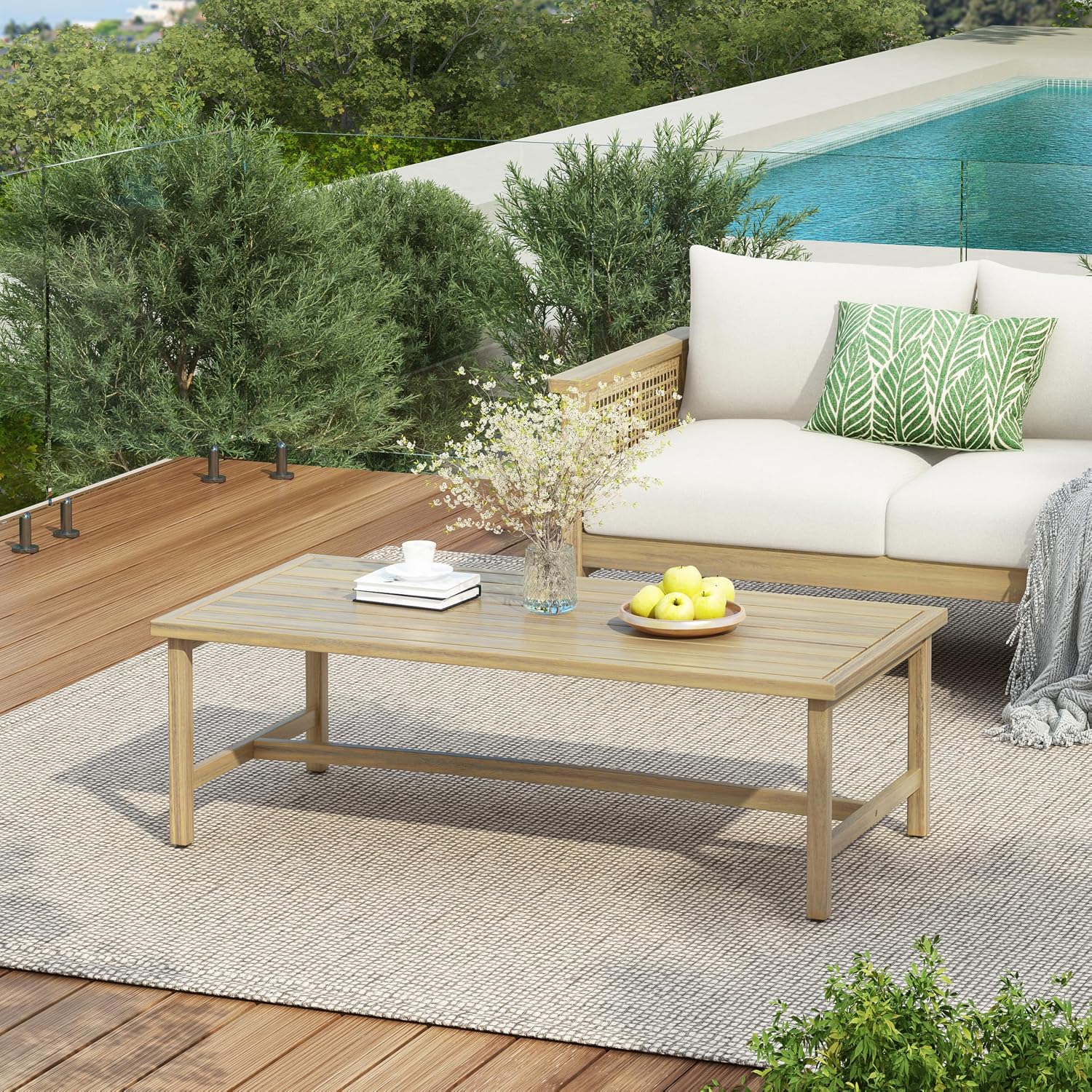 Christopher Knight Home Teras Patio Acacia Wood Coffee Table, Solid Wood Outdoor Table for Patio Furniture Set, Slat Panel Rectangular Top, Light Teak