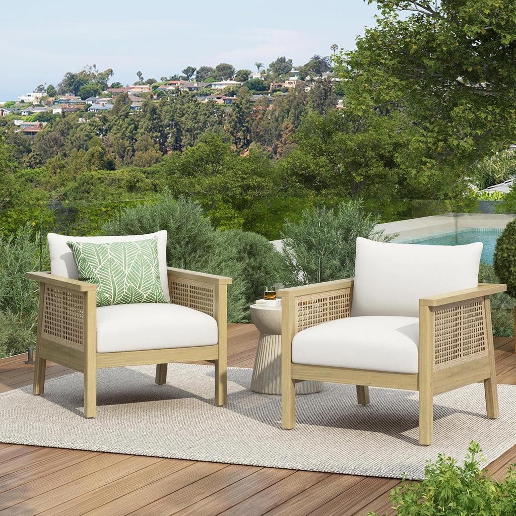 Christopher Knight Home Teras Acacia Wood Lounge Chair Outdoor Set of 2 with Removable Cushion, Solid Wood Patio Accent Chair with PE Wicker Accents, Patio Furniture Set Sofa Chair, Light Teak+Cream