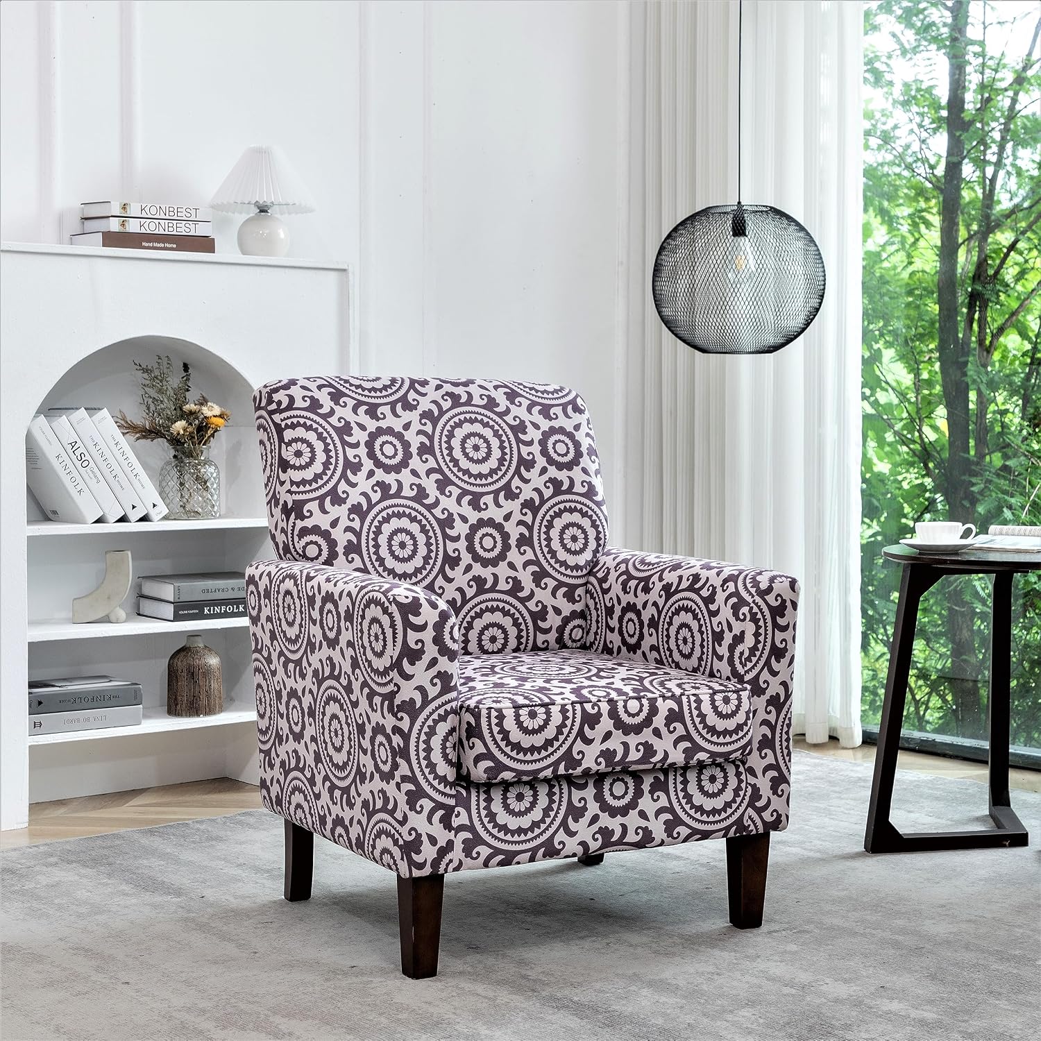 Container Furniture Direct Contemporary Accent Arm Chair with Birch Wood Frame and Velvet Upholstery, Armchair for Office and Living Room Decor, Removable Cushions, 02 Printed Fabric