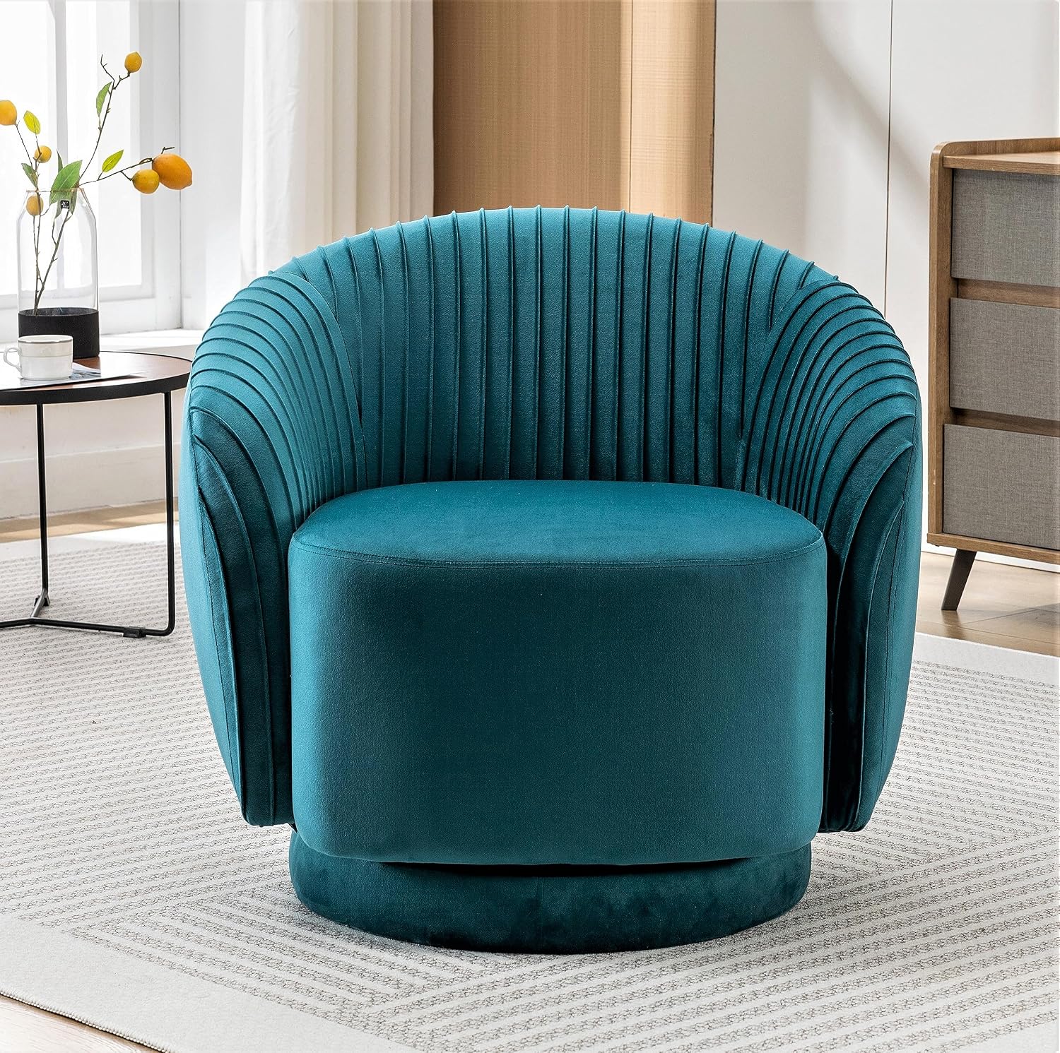Container Furniture Direct Modern Barrel Swivel Chair with Plush Velvet Upholstery and Smooth 360° Rotation, Round Accent One-Seater Sofa for Living Room, Bedroom, and Office, Greenish Blue