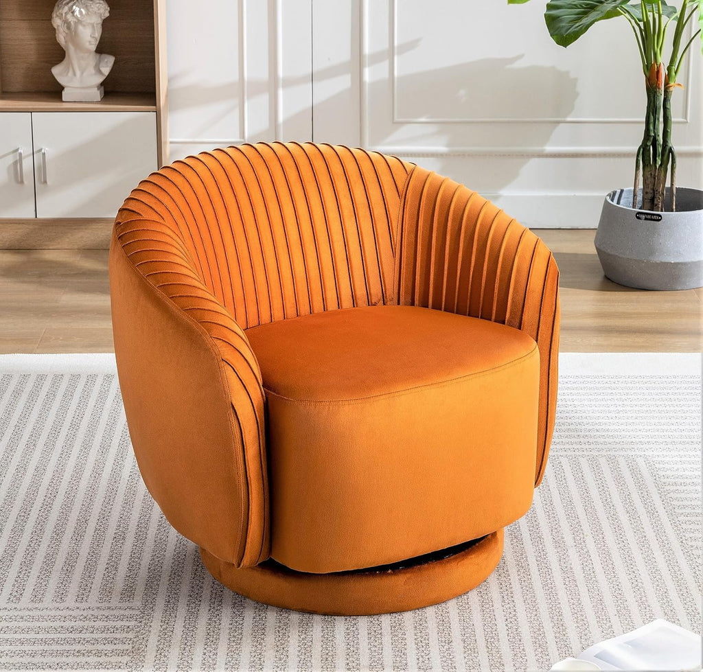 Container Furniture Direct Modern Barrel Swivel Chair with Plush Velvet Upholstery and Smooth 360° Rotation, Round Accent One-Seater Sofa for Living Room, Bedroom, and Office, Red Orange