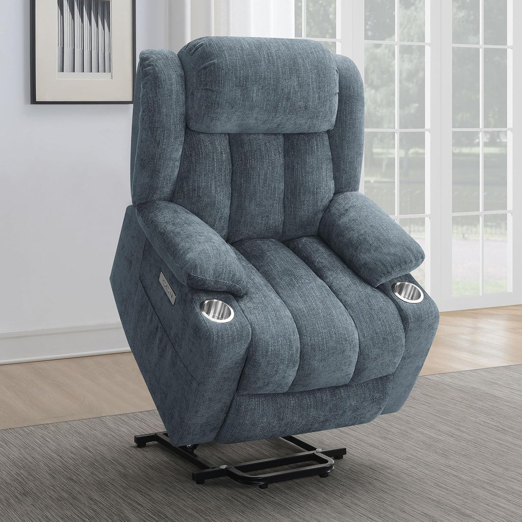 Coaster Home Furnishings - Houston - Fabric - Power Lift Recliner with Pillowtop Arms, Built-in USB Port, Power Panel and Two Cup Holders - Living Room - Slate Blue - 602294P