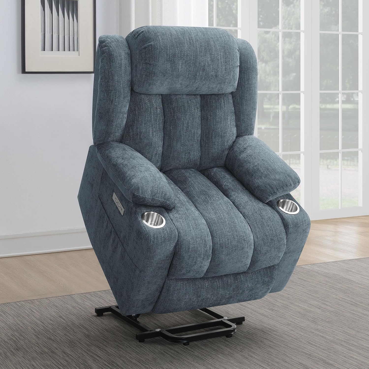 Coaster Home Furnishings - Houston - Fabric - Power Lift Recliner with Pillowtop Arms, Built-in USB Port, Power Panel and Two Cup Holders - Living Room - Slate Blue - 602294P