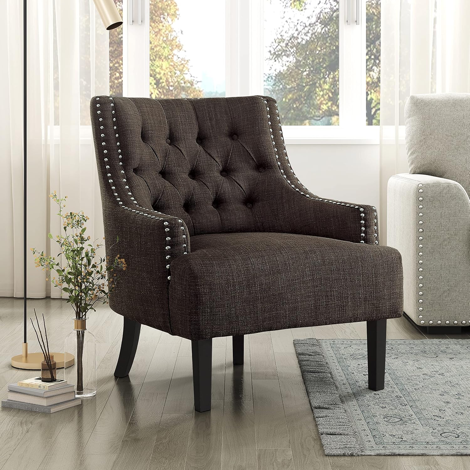 Lexicon Accent Chair Reading Chair Comfy Chair for Bedroom, Upholstered Armchair with Solid Wood Frame, Tufted Cushion Nail Head Trim, Single Sofa Chair for Living Room, Office, Chocolate Chenille
