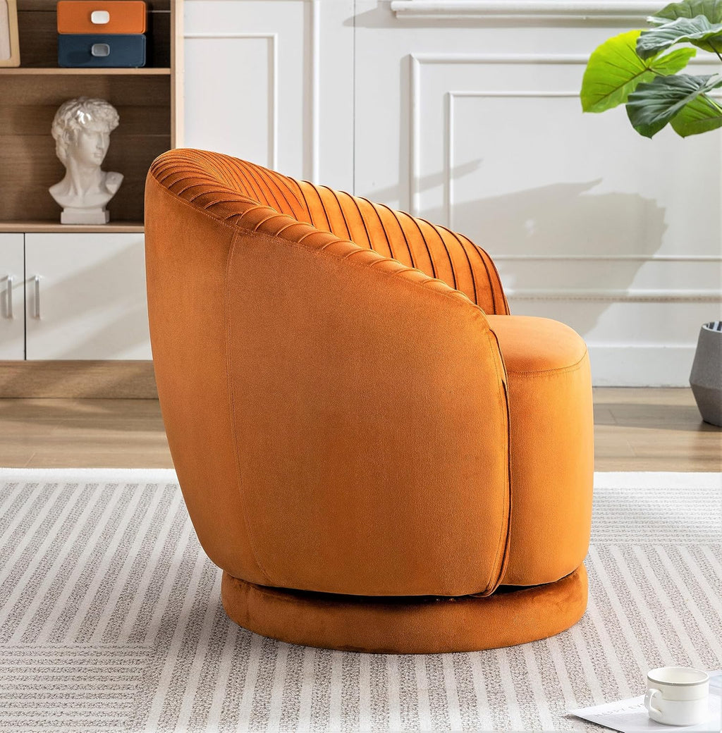 Container Furniture Direct Modern Barrel Swivel Chair with Plush Velvet Upholstery and Smooth 360° Rotation, Round Accent One-Seater Sofa for Living Room, Bedroom, and Office, Red Orange