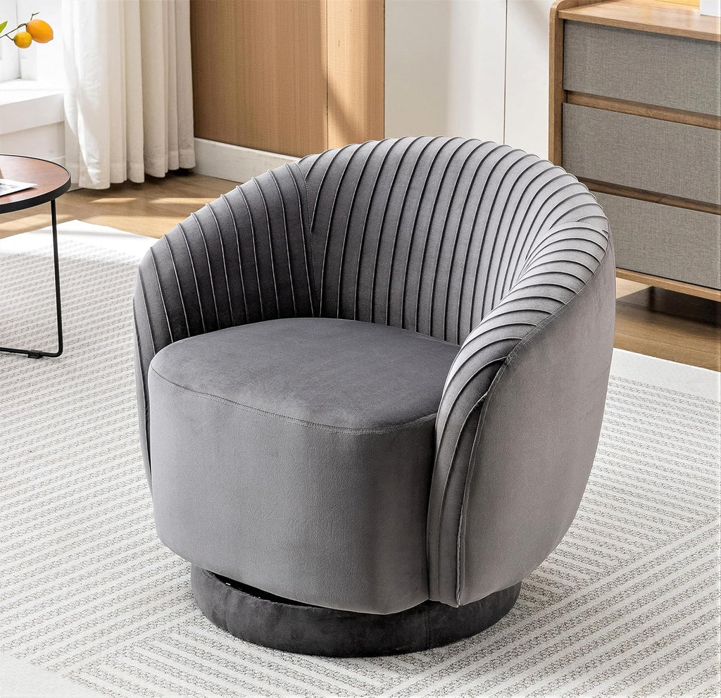Container Furniture Direct Modern Barrel Swivel Chair with Plush Velvet Upholstery and Smooth 360° Rotation, Round Accent One-Seater Sofa for Living Room, Bedroom, and Office, Grey