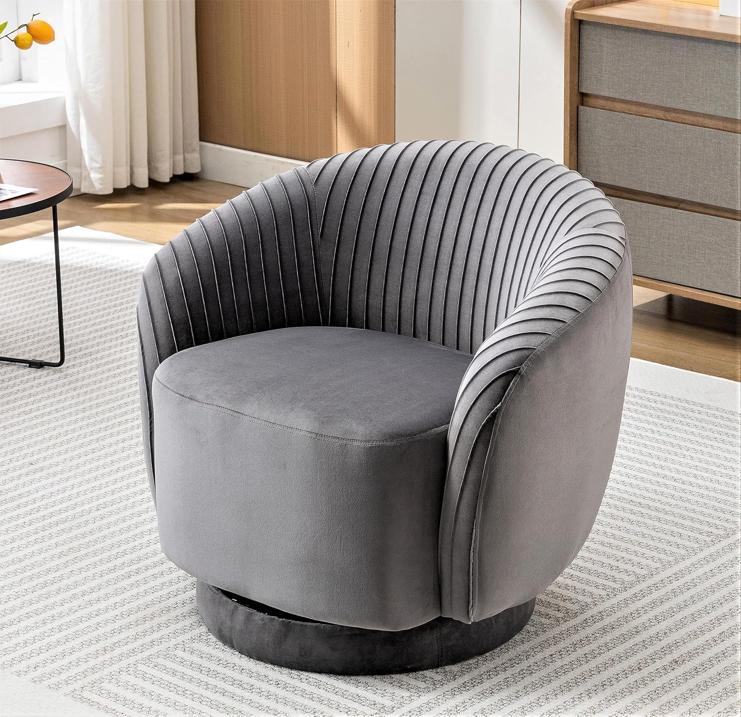 Container Furniture Direct Modern Barrel Swivel Chair with Plush Velvet Upholstery and Smooth 360° Rotation, Round Accent One-Seater Sofa for Living Room, Bedroom, and Office, Grey