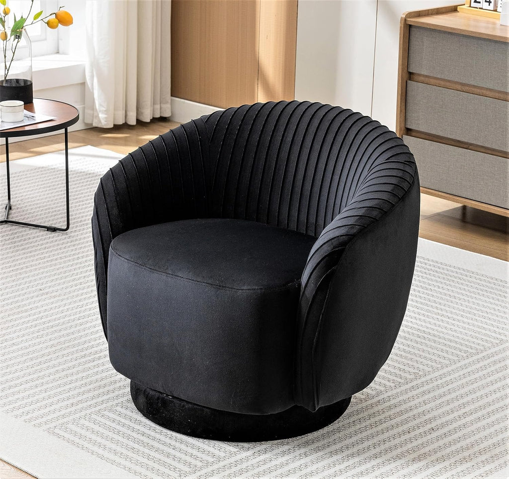 Container Furniture Direct Modern Barrel Swivel Chair with Plush Velvet Upholstery and Smooth 360° Rotation, Round Accent One-Seater Sofa for Living Room, Bedroom, and Office, Black
