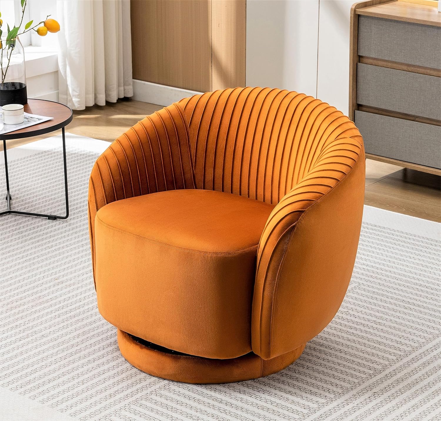 Container Furniture Direct Modern Barrel Swivel Chair with Plush Velvet Upholstery and Smooth 360° Rotation, Round Accent One-Seater Sofa for Living Room, Bedroom, and Office, Red Orange