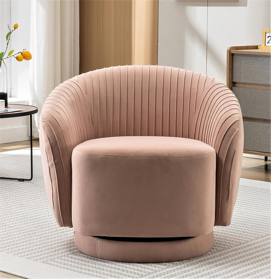 Container Furniture Direct Modern Barrel Swivel Chair with Plush Velvet Upholstery and Smooth 360° Rotation, Round Accent One-Seater Sofa for Living Room, Bedroom, and Office, Pink