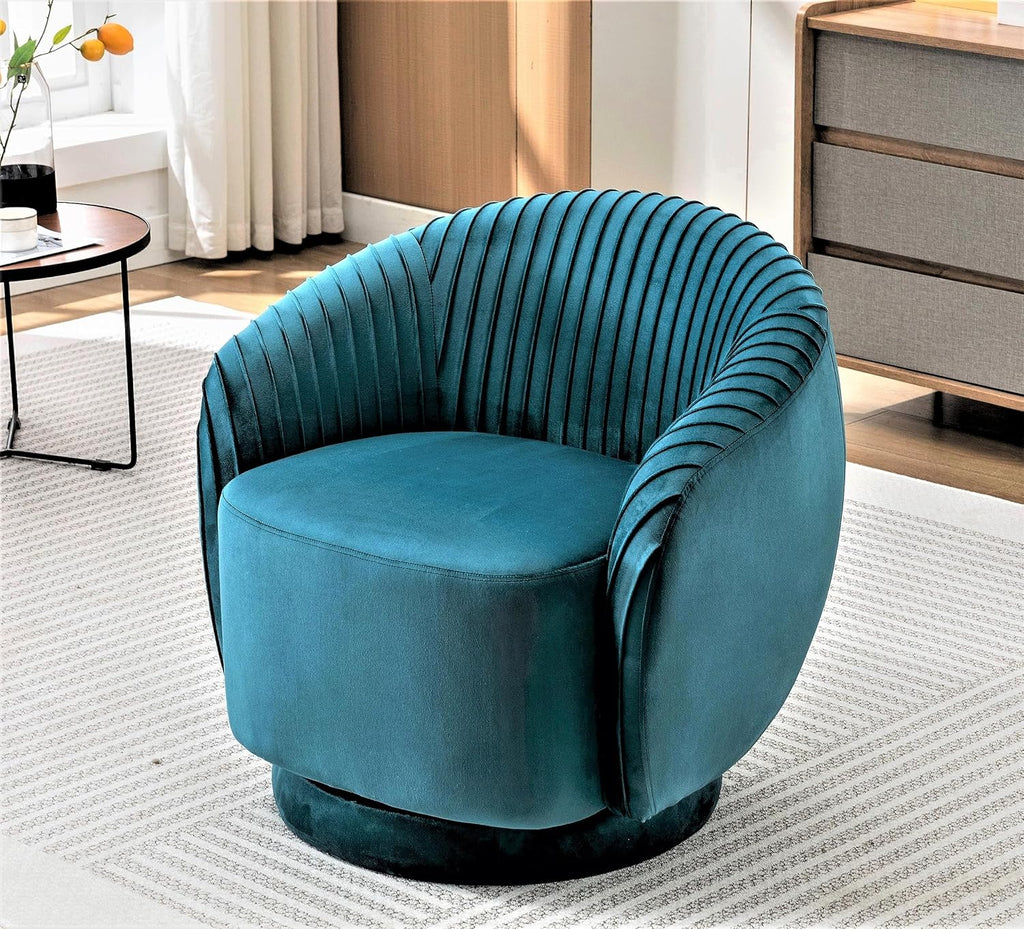 Container Furniture Direct Modern Barrel Swivel Chair with Plush Velvet Upholstery and Smooth 360° Rotation, Round Accent One-Seater Sofa for Living Room, Bedroom, and Office, Greenish Blue