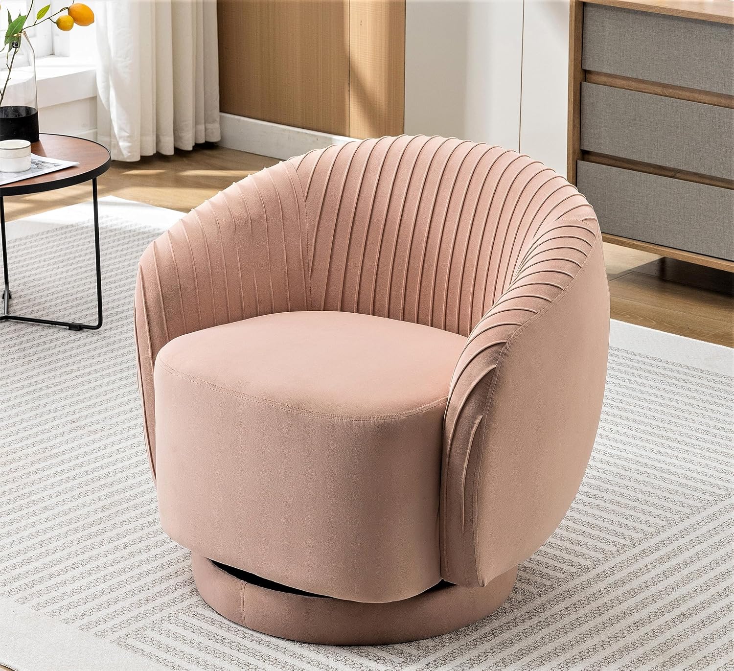 Container Furniture Direct Modern Barrel Swivel Chair with Plush Velvet Upholstery and Smooth 360° Rotation, Round Accent One-Seater Sofa for Living Room, Bedroom, and Office, Pink