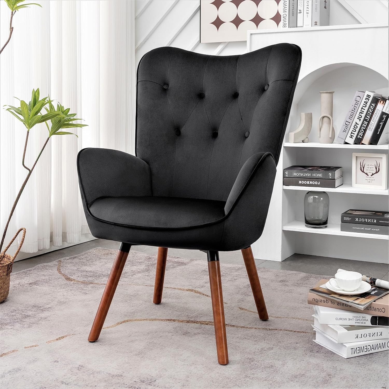 Container Furniture Direct Chic Accent Arm Chairs for Living Room, Bedroom, or Home Office, Button-Tufted Midcentury Armchair with Wingback Design and Splayed Legs, Black